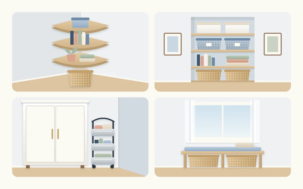 Four awkward spaces in use: stacked corner shelves, a recess with shelves and bins, a slim cart in a gap, a bench under a window
