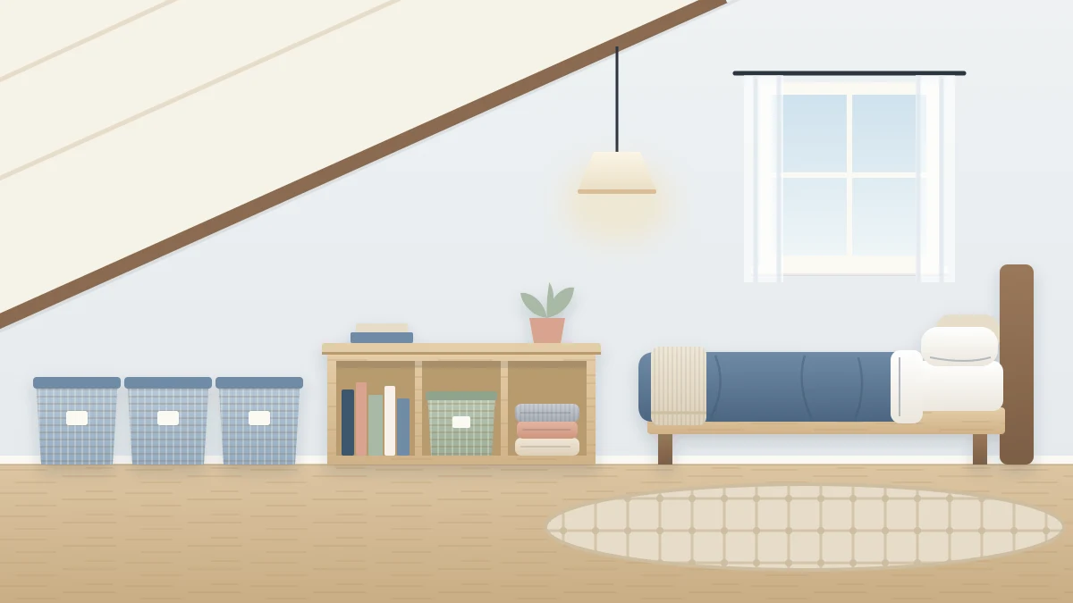 Attic bedroom with a sloped ceiling, low matching storage bins and a low shelf under the slope, and a bed against the taller wall