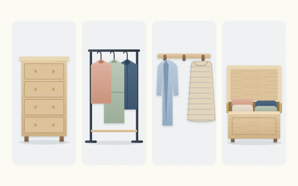 Four clothes storage options side by side: a chest of drawers, a garment rack, a peg rail and an open storage bench with knitwear