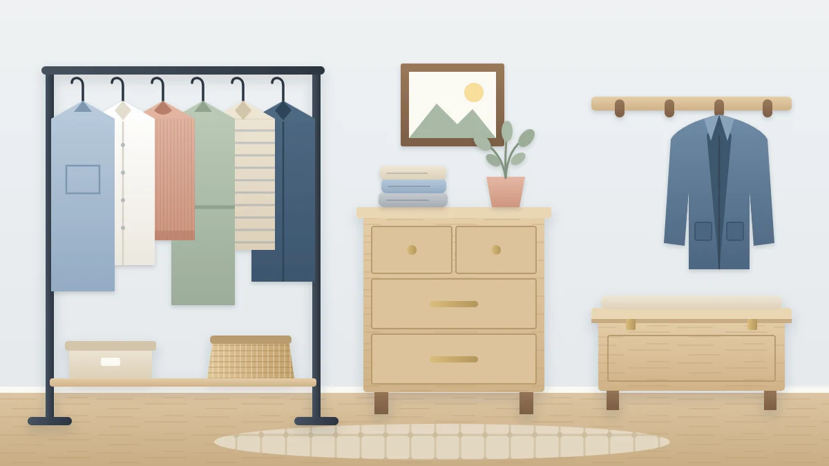 A bedroom wall with a freestanding garment rack of six garments, a dresser beside it, a peg rail with one jacket and a lidded storage bench below