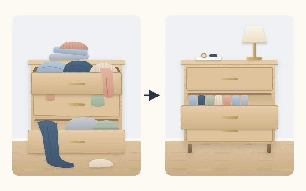 The same dresser twice: overstuffed half-open drawers spilling fabric, then drawers closed flush with one showing neat rows
