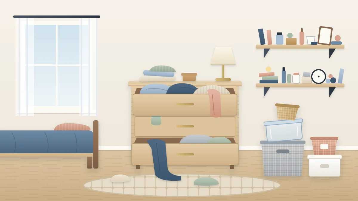 A bedroom corner with a dresser too full to close, a stack of mismatched empty storage bins on the floor and a crowded open shelf
