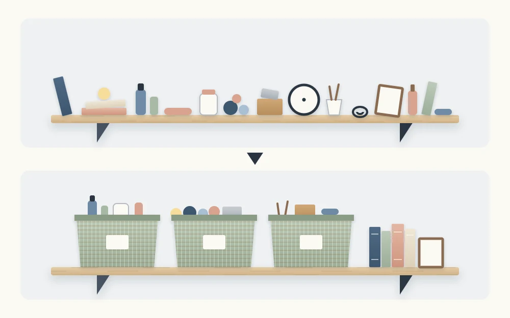 One shelf shown twice: loose small objects scattered along it, then the same objects gathered into three matching bins beside upright books
