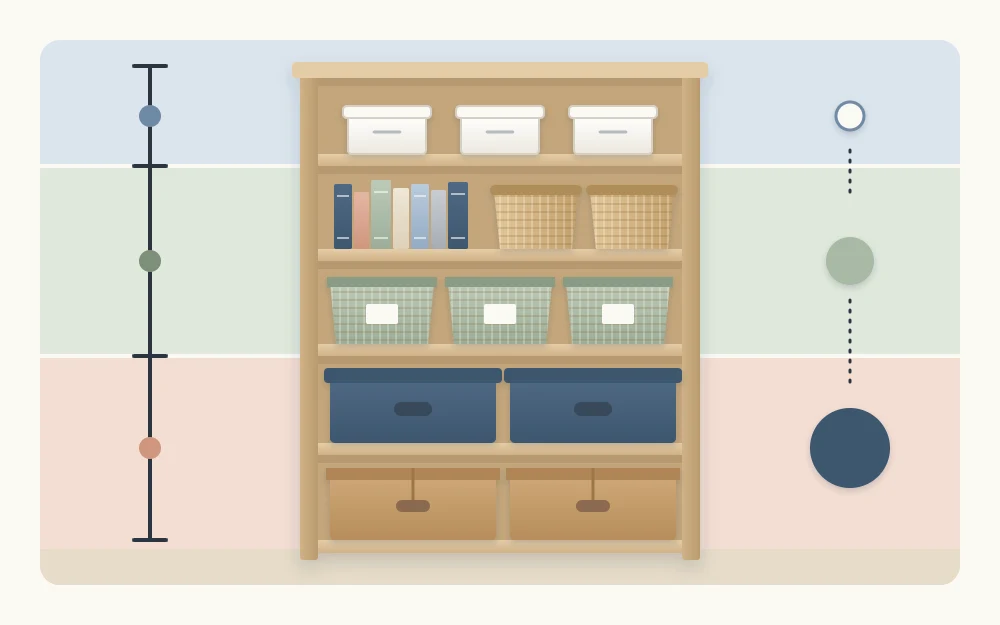 Side view of a shelf unit with three soft-colored bands for high, middle and low reach, large boxes at the bottom and small ones on top
