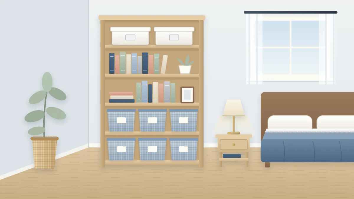 A tall open wooden shelf unit with five shelves: upright books in the middle, matching fabric bins below and two light lidded boxes on top