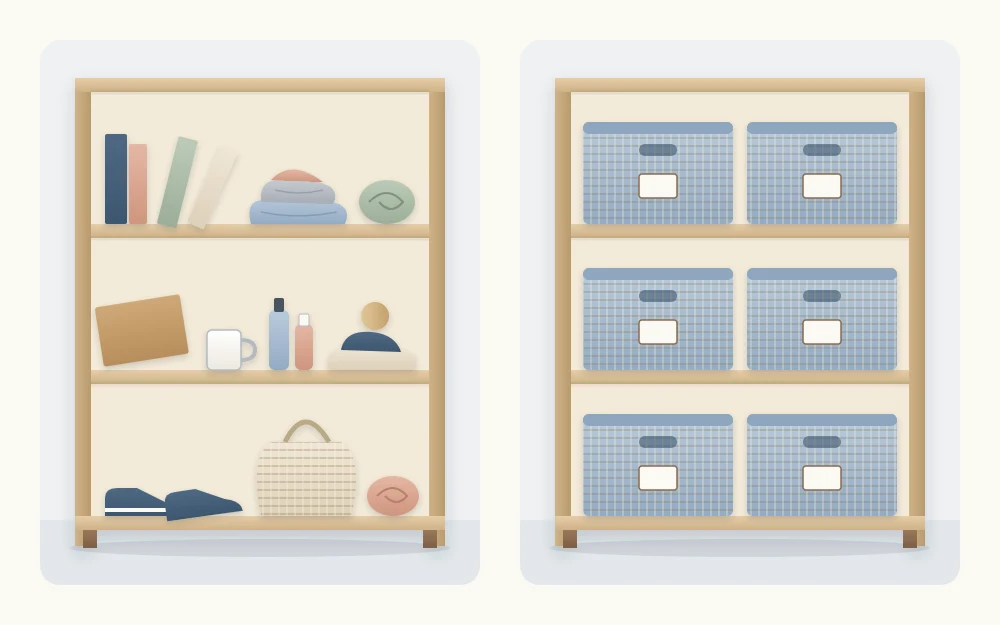 Two shelf units side by side: one with items loosely visible on open shelves, one with the same shelves holding matching closed fabric bins