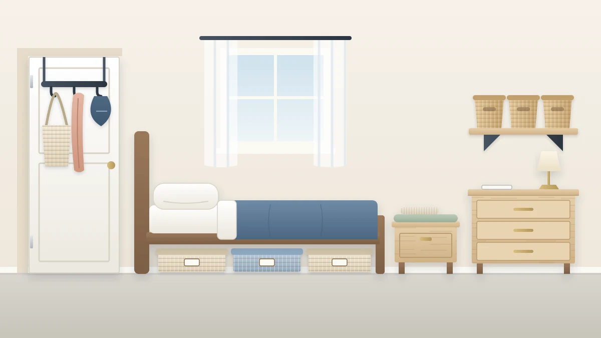 A bedroom wall seen straight on with boxes under the bed, a storage bench at its foot, a wall shelf with baskets above a dresser and hooks on a door