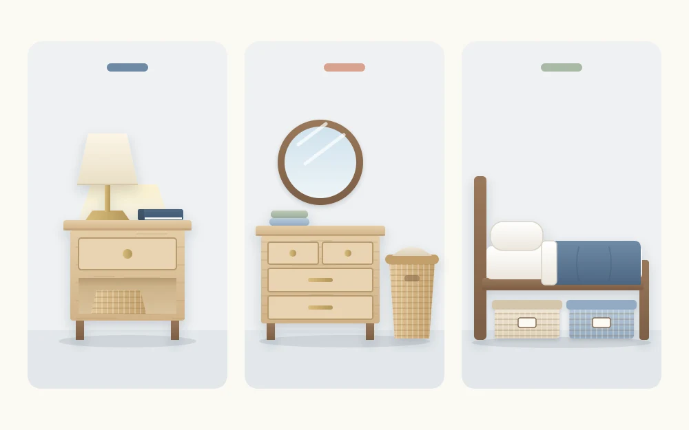 Three tiles side by side: a bedside table with a lamp and book, a dresser with a mirror and hamper, and a bed with boxes beneath