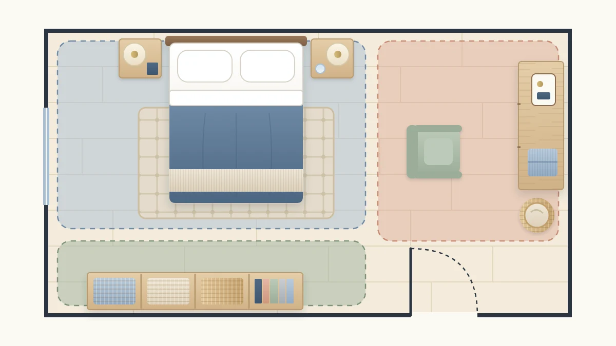 A bedroom floor plan from above with a bed, two nightstands, a dresser, a chair and a shelf unit, the floor tinted in three pale colors