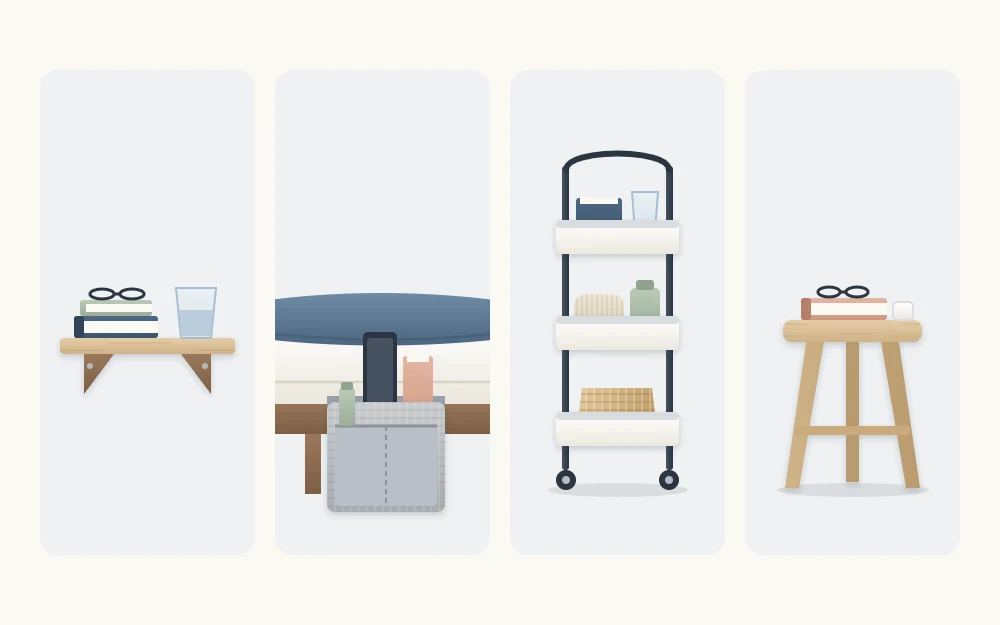 Four nightstand alternatives: a narrow wall shelf, a fabric pocket caddy on a mattress side, a slim three-tier rolling cart and a wooden stool