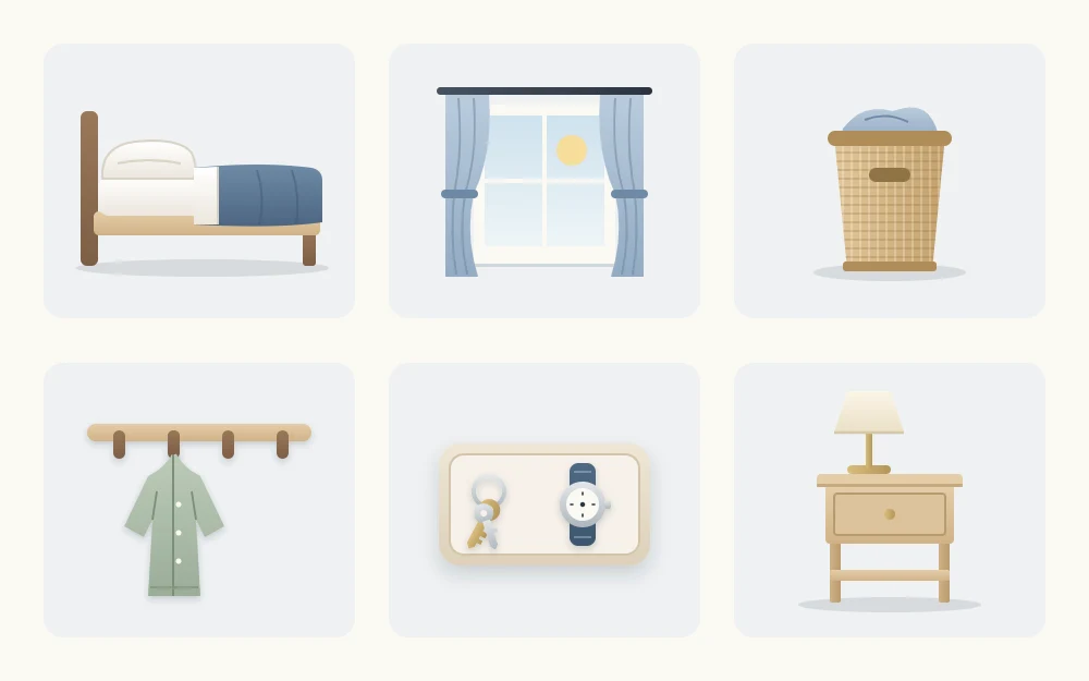 Six tiles, one object each: a made bed, an open curtain, a hamper, wall hooks with one garment, a tray of keys and a clear nightstand
