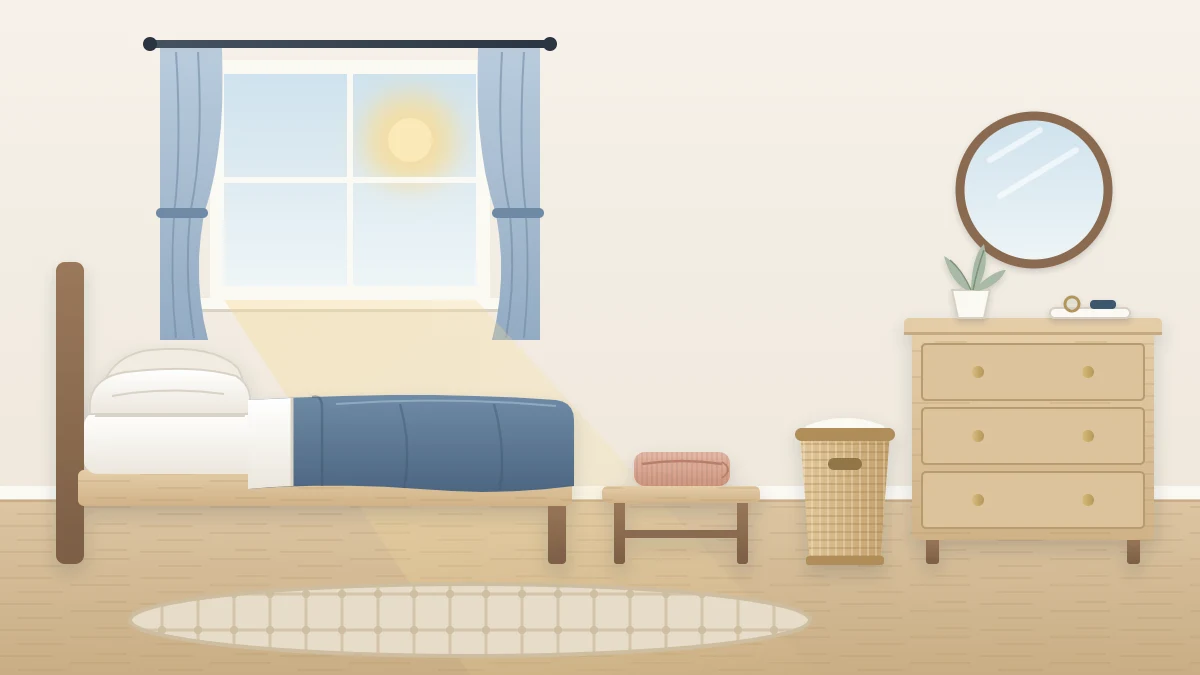 A bedroom in morning light with the bed made, curtains open, a clear floor, a hamper beside the dresser and a folded sweater on a bench