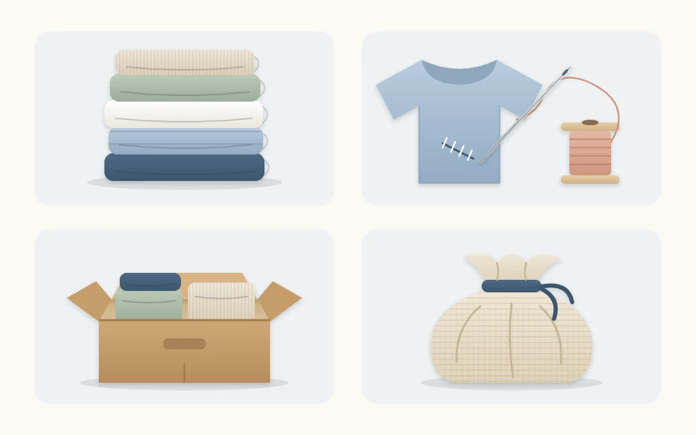 Four tiles for sorting outcomes: a neat stack of folded clothes, a garment with needle and thread, an open box of clothes and a tied cloth bag