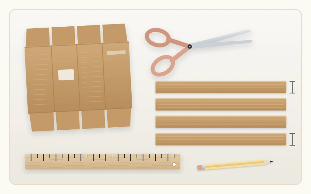Materials seen from above: a flattened cardboard box, a ruler, a pencil, scissors and four cut cardboard strips of equal height