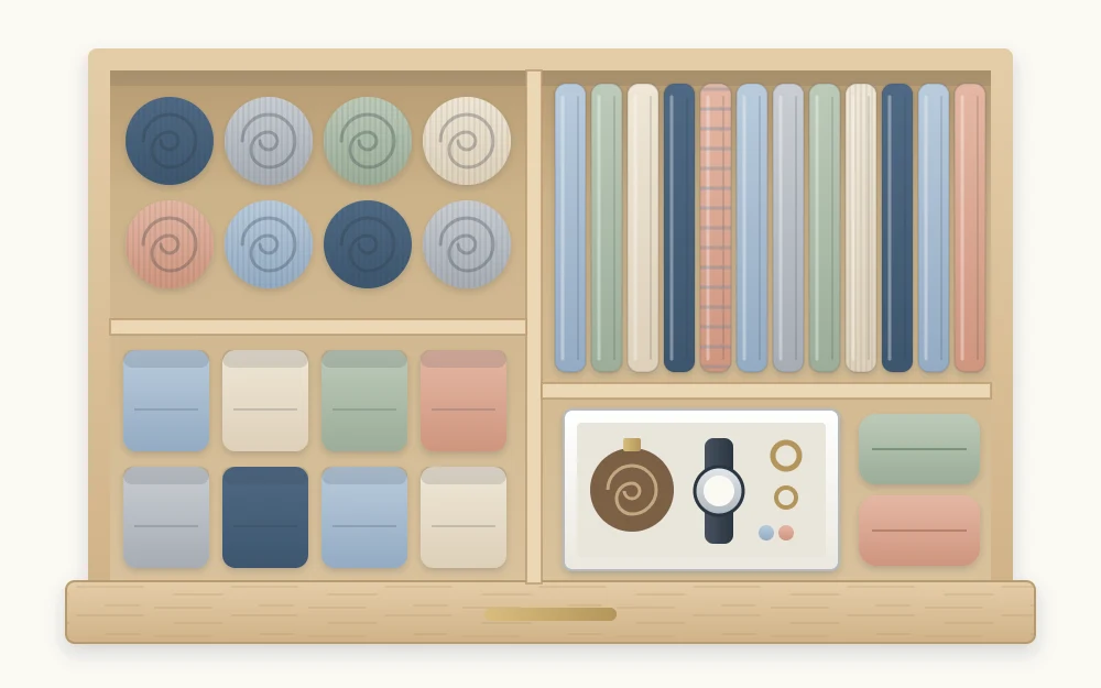 Top view into one open drawer divided into four sections: rolled socks, folded underwear, upright folded T-shirts and a small box of accessories