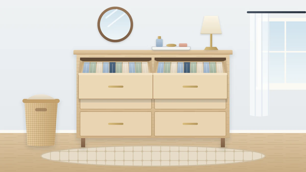 A wooden six-drawer dresser with the top two drawers open showing upright rows of folded clothes and a small tray on top