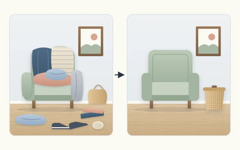 Before and after of one bedroom corner: a chair buried in clothes on a cluttered floor, then the same chair empty and the floor clear