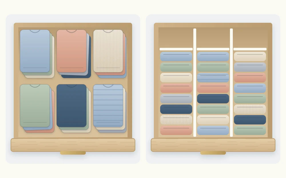 Two drawers from above: one with flat piles where only the top items show, one with the same clothes standing upright in rows