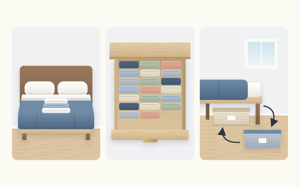 Three upkeep tiles: a made bed with a folded sheet set, an open drawer with straight rows, and two storage boxes being swapped