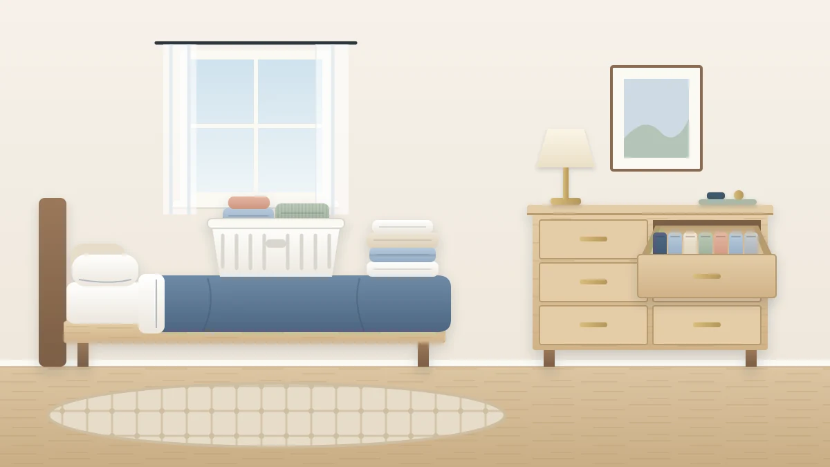 Tidy bedroom with folded bedding at the foot of the bed, a basket of folded laundry and a dresser drawer open on neat rows