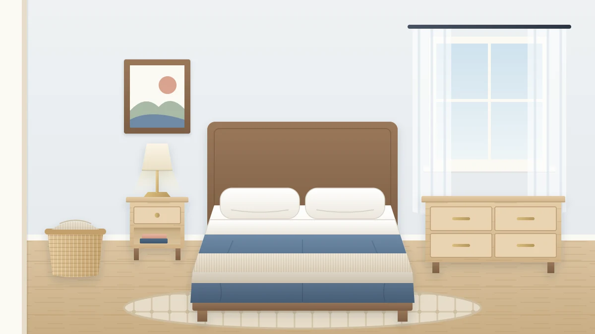A tidy bedroom seen from the doorway with a made bed and blue duvet, a wooden nightstand with a lamp and a low dresser with a clear top