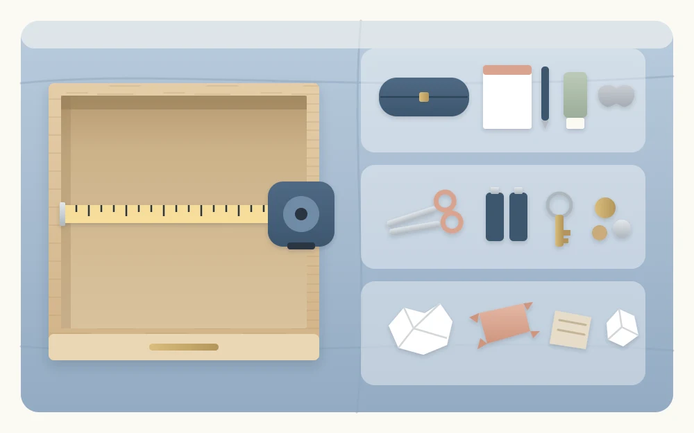 An emptied nightstand drawer with a tape measure across it, beside its contents sorted into three small groups on the bed