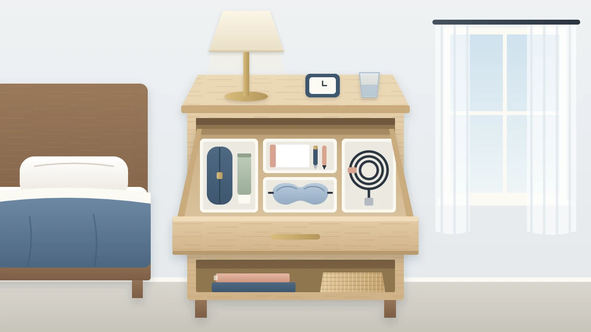 A nightstand with its drawer pulled open, divided by small trays holding a glasses case, a pen and notepad, a small tube, a coiled cable and a sleep mask