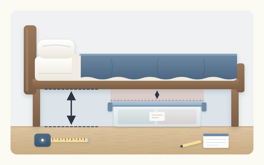 Side view of a bed frame on legs with an arrow marking the gap from floor to side rail and a low box inside with space above its lid