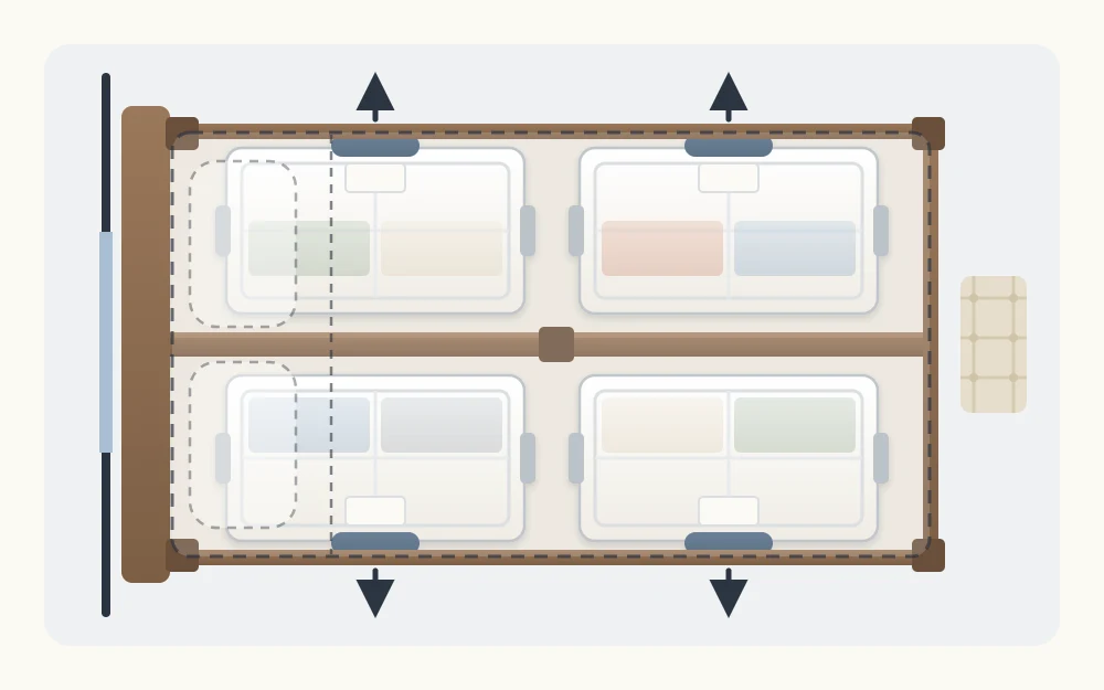 Top view of a bed outline with four shallow containers beneath it, two on each side with handles facing out and a center support rail between