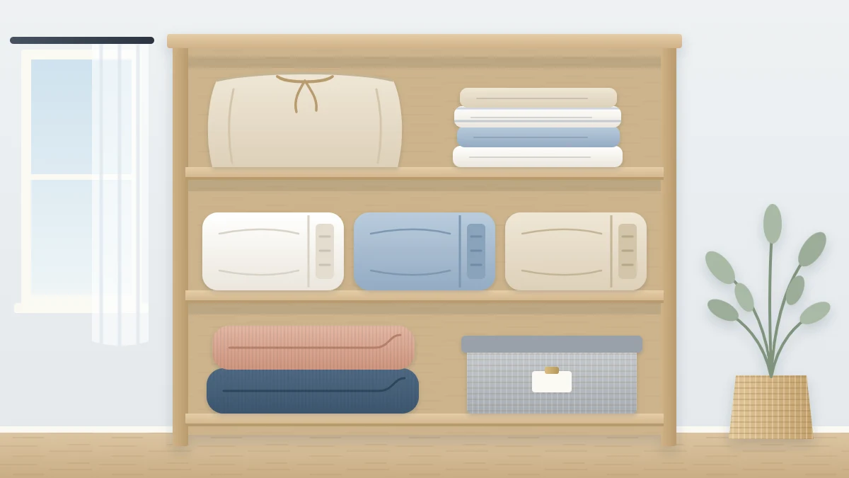An open shelf with neat stacks of folded bed linens: three sheet sets tucked inside pillowcases, two folded blankets and a spare pillow in a cotton bag