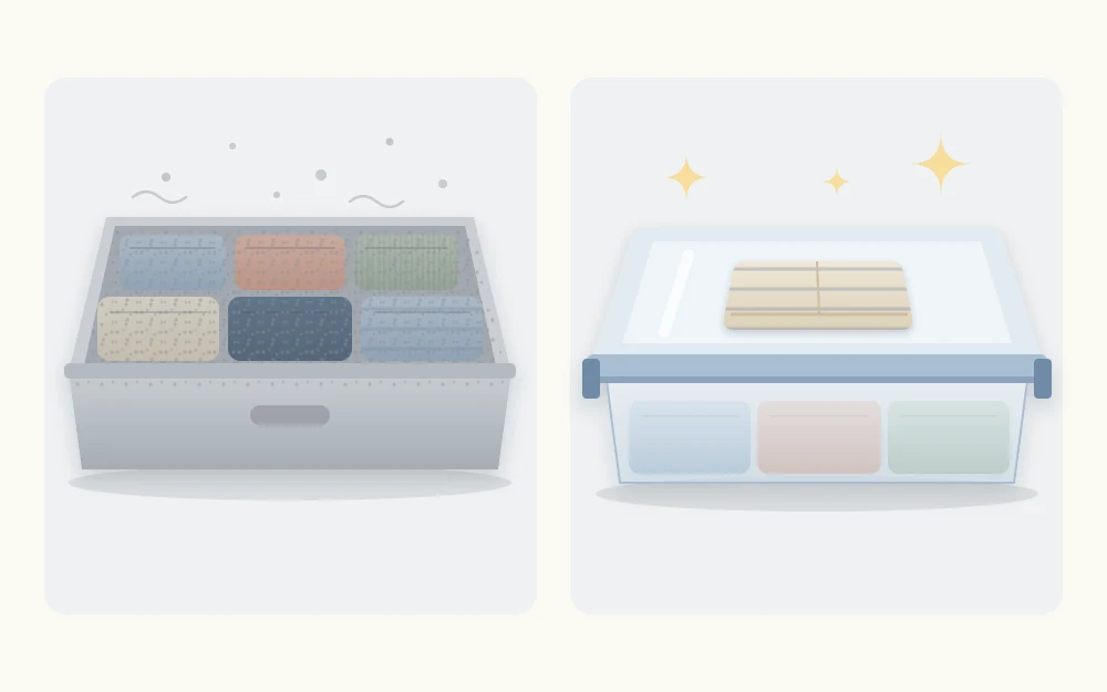 An open tray of folded clothes with a gray film of dust beside a closed lidded box with a clean lid and a folded cloth