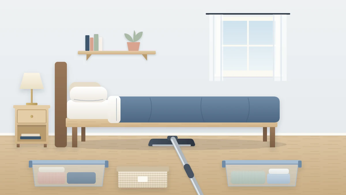 Bed with three lidded storage boxes pulled out onto the floor and a vacuum cleaner head reaching beneath the frame