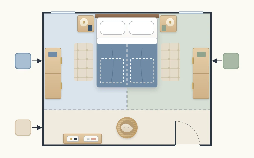 Top view plan of a shared bedroom tinted in two pale colors, one per side, with a neutral strip and hamper at the foot