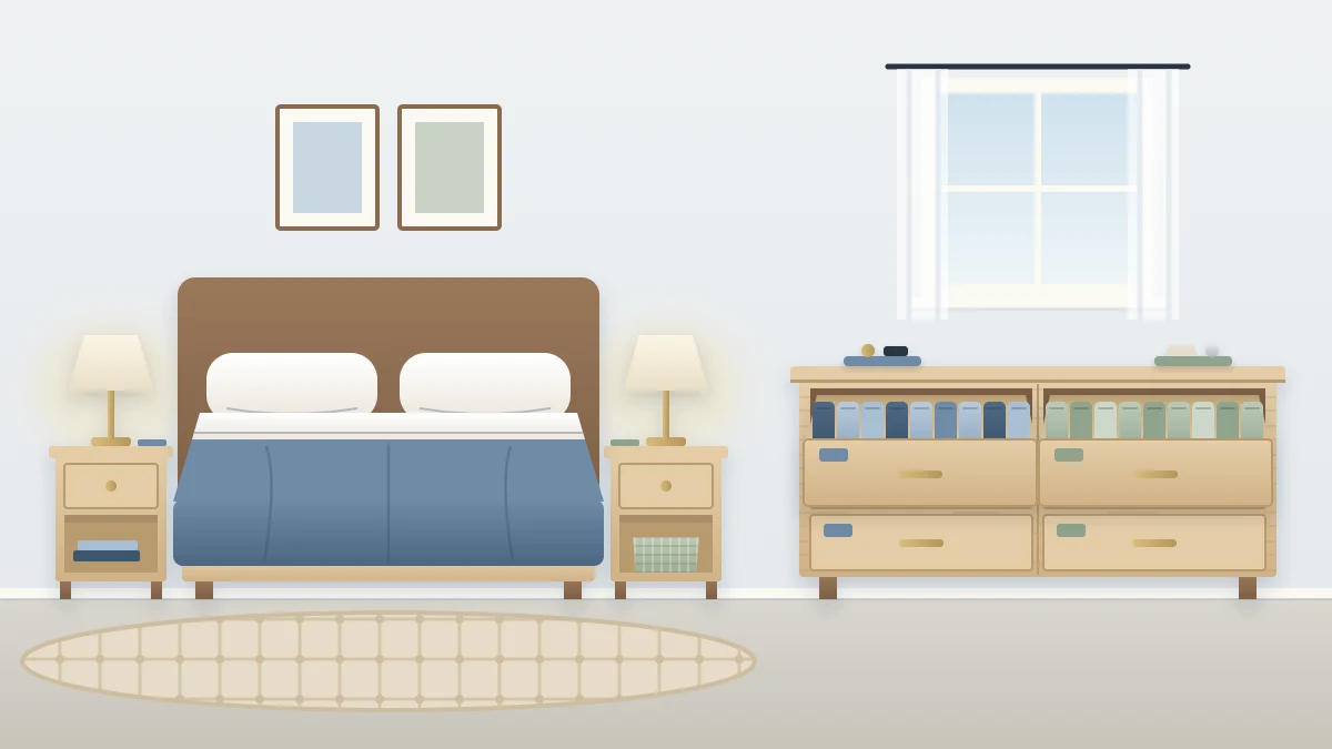 Shared bedroom with a double bed, a nightstand and lamp on each side, and a wide dresser with blue clothes on the left and sage on the right