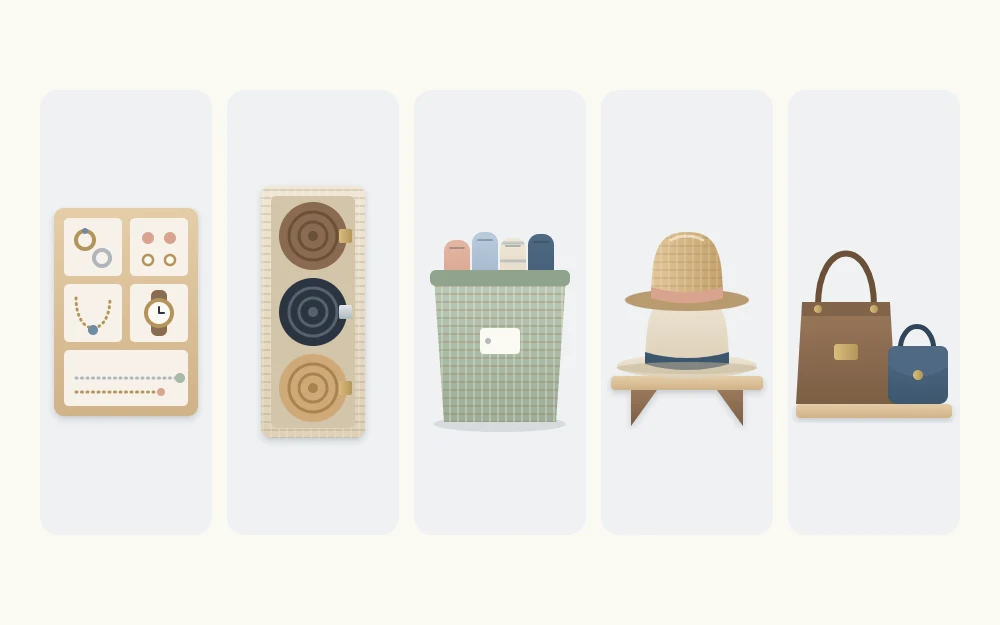 Five accessory homes in a row: a compartment tray, rolled belts in a box, folded scarves in a bin, stacked hats and upright handbags