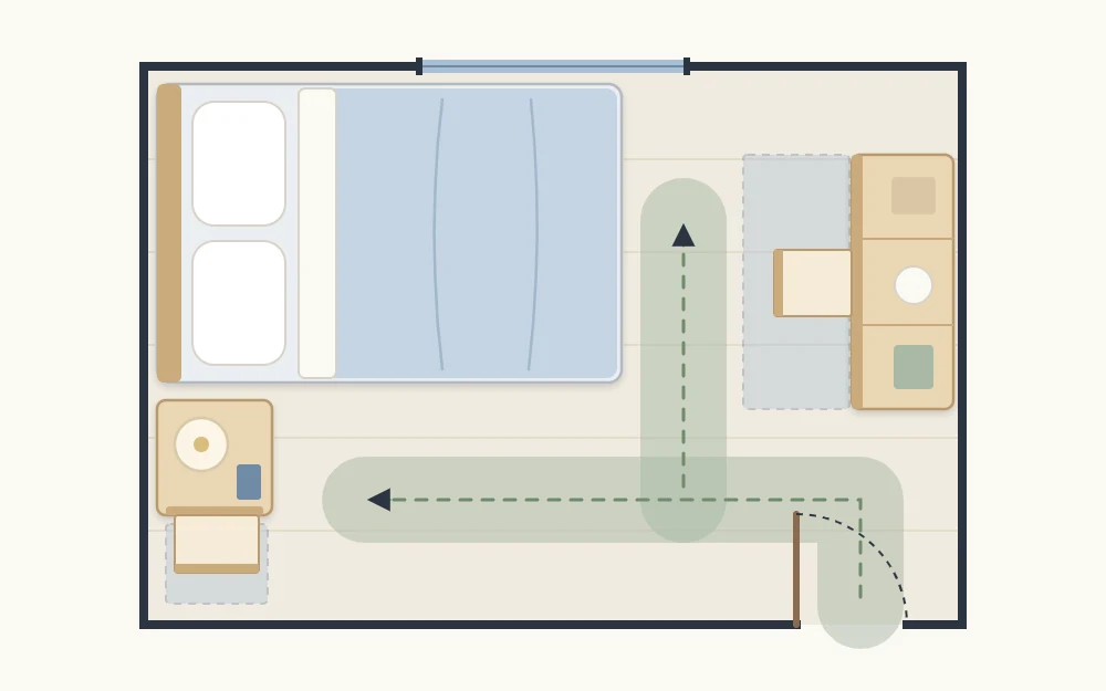 A small bedroom floor plan from above with a bed, dresser and nightstand, lighter rectangles for drawer swing areas and a clear walking path