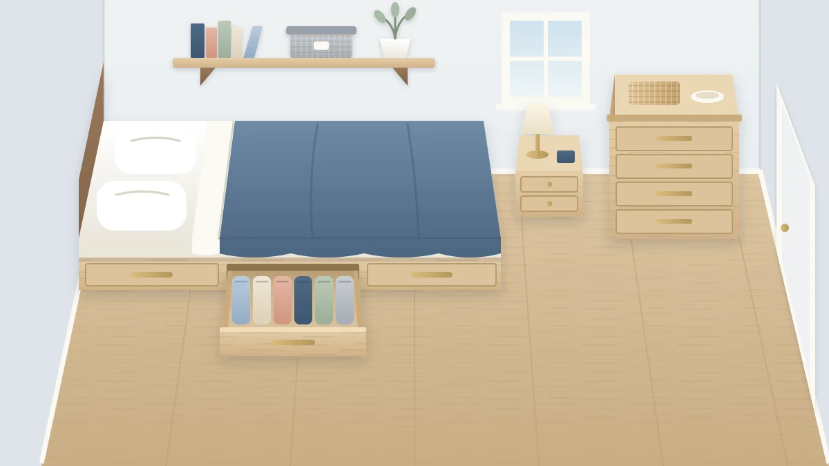 A compact bedroom from above with a bed with drawers set in a corner, a narrow dresser, a wall shelf above the bed and a clear strip of floor