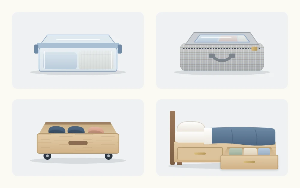 Four under-bed container types: a low lidded plastic box, a zippered fabric bag with a clear panel, a wheeled drawer and a built-in bed drawer