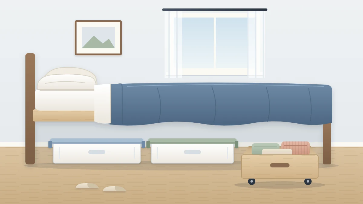Low side view of a bed on wooden legs with two shallow lidded boxes and a wheeled bin partly pulled out from underneath