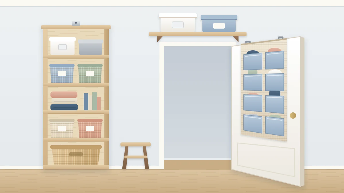 A narrow bedroom wall with a tall slim shelf unit of bins, a high shelf above the door with two boxes and an over-door pocket organizer