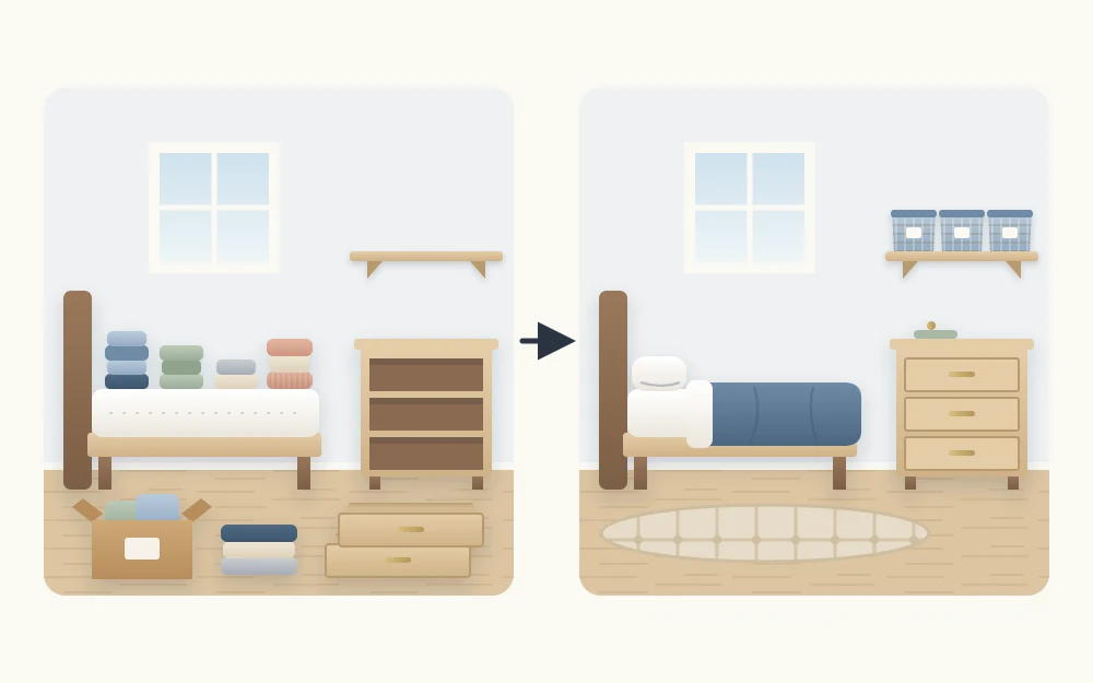 Two panels of one bedroom: emptied furniture with sorted piles, then drawers back in, a clear floor, bins on a shelf and the bed made