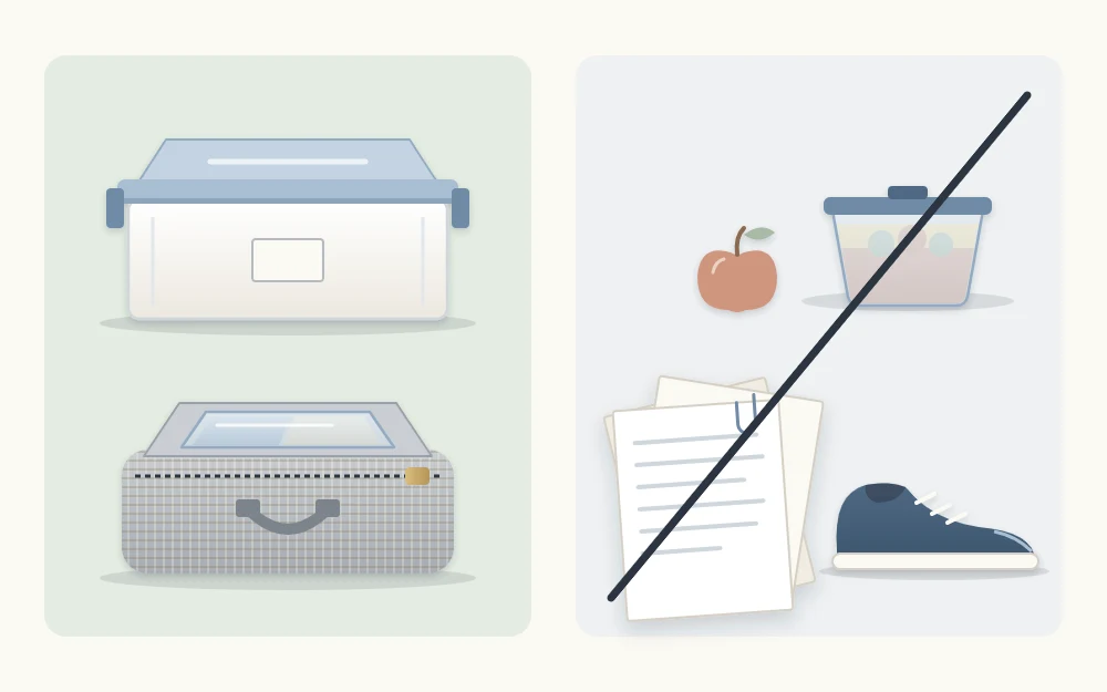 A closed storage box and a zipped fabric bag on the left; loose papers, a food container and a single shoe crossed out on the right